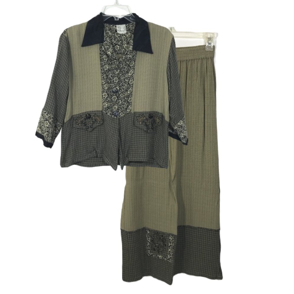 Vintage Globe Trotter of Bali Skirt Set Blouse Midi Skirt Olive Green Floral S